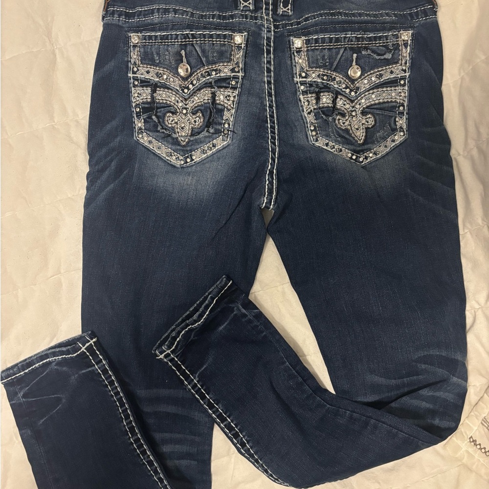 Rock Revival Dark Blue Skinny Jeans with Embellished Pockets